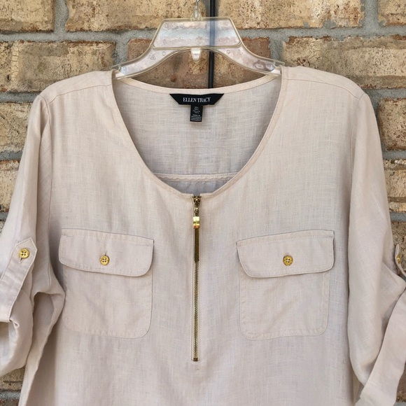 Ellen Tracy 100% Linen 1/4 Zipper Cuffed Short Sleeve Light Tan Tunic Top L - Picture 4 of 15